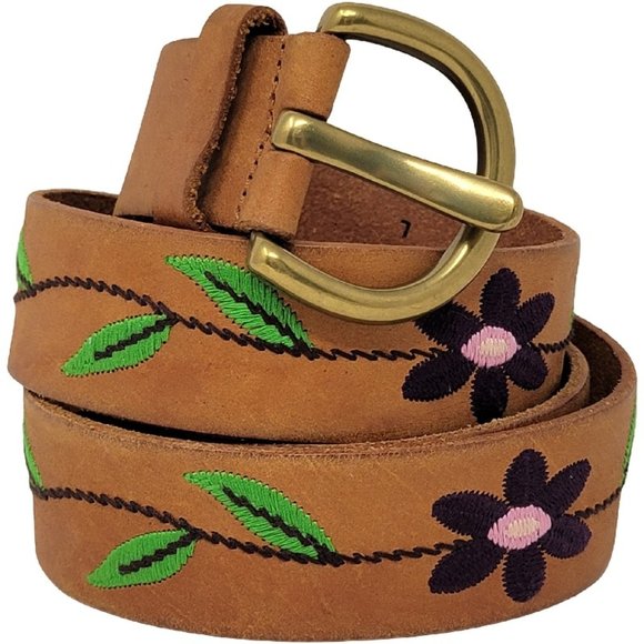 GAP Accessories - GAP Floral Embroidered Brown Leather Belt, Large
